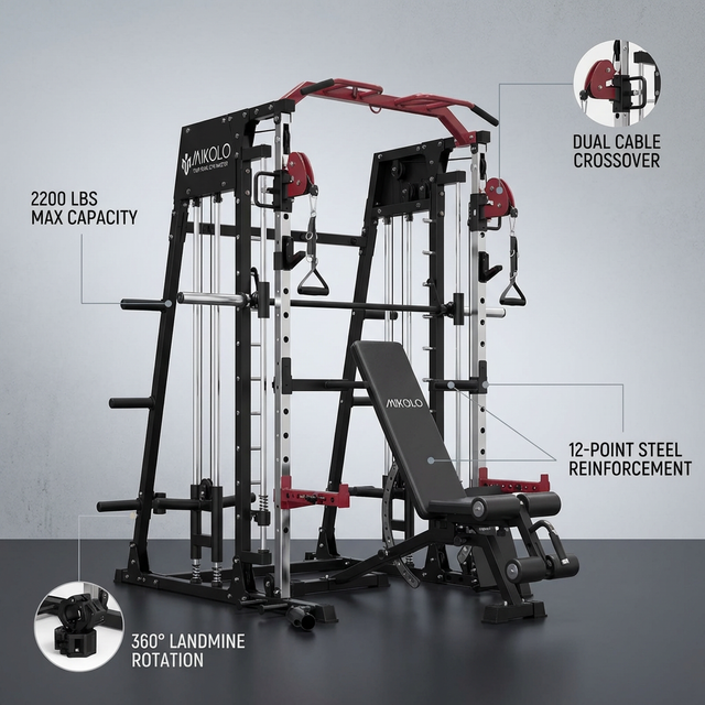 Smith Machine Home Gym, 2200 Lbs Power Rack Cage with Cable Crossover, Weight Bar, 360° Landmine, Barbell Holders and Other Attachments, Total Body Strength Training Cage — Lifestyle