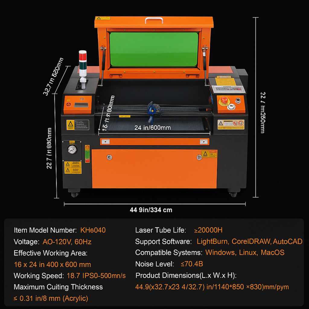 60W CO2 Laser Engraver Cutter 16" X 24" Engraving Cutting Machine 19.7 IPS