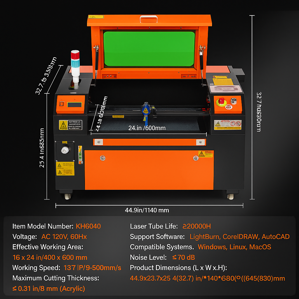 60W CO2 Laser Engraver and Cutter 16 X 24 in 19.7 IPS Engraving Machine