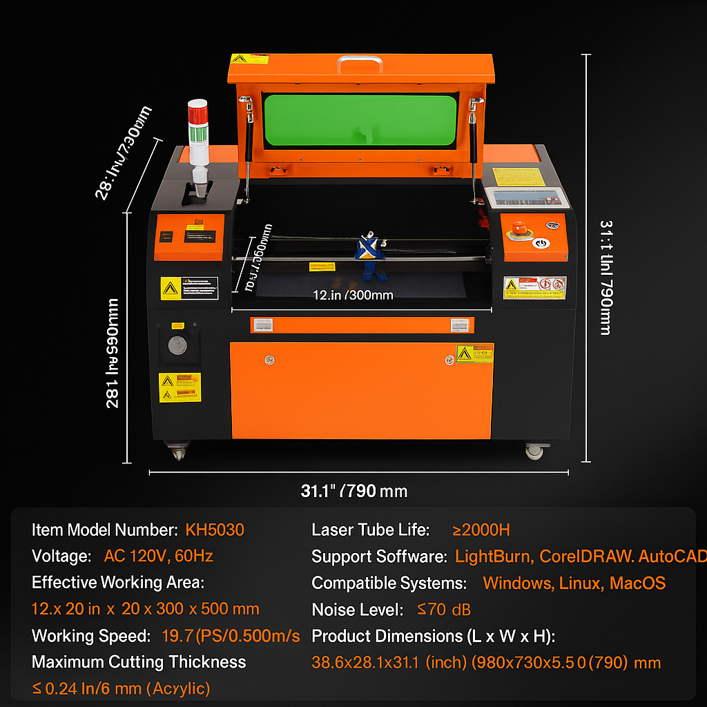50W CO2 Laser Engraver and Cutter 12 X 20 in 19.7 IPS Engraving Machine