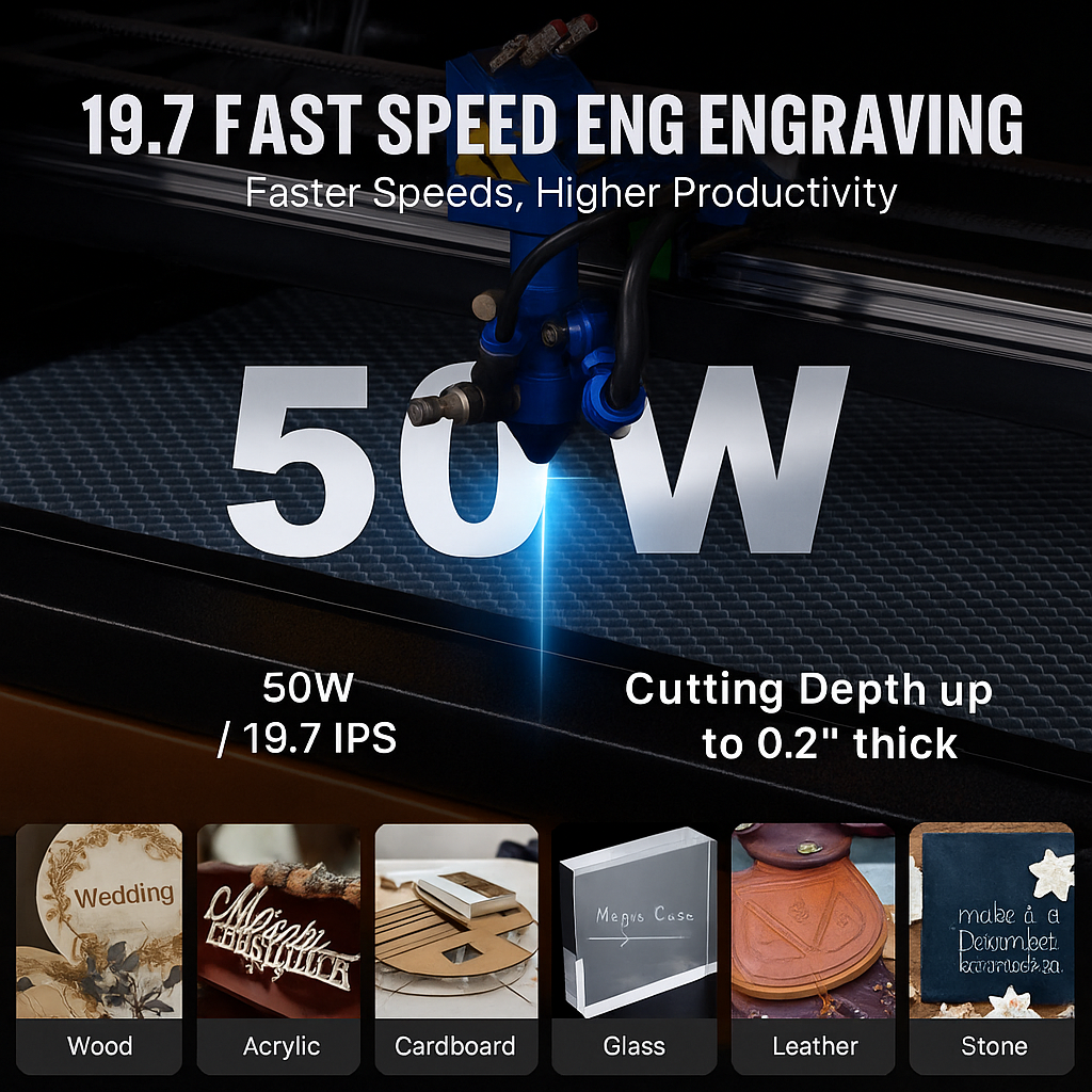 50W CO2 Laser Engraver and Cutter 12 X 20 in 19.7 IPS Engraving Machine