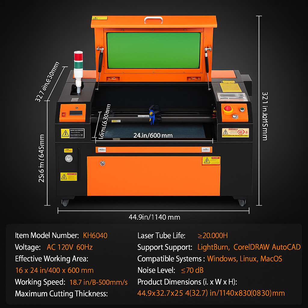60W CO2 Laser Engraver Cutter 16" X 24" Engraving Cutting Machine 19.7 IPS