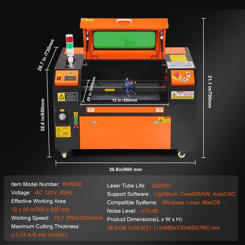 50W CO2 Laser Engraver and Cutter 12 X 20 in 19.7 IPS Engraving Machine