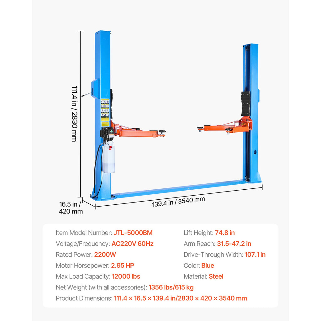 Uimoso 12000 Lbs 2 Post Lift Single Lock Release Garage Shop Auto Lifter 2.95HP