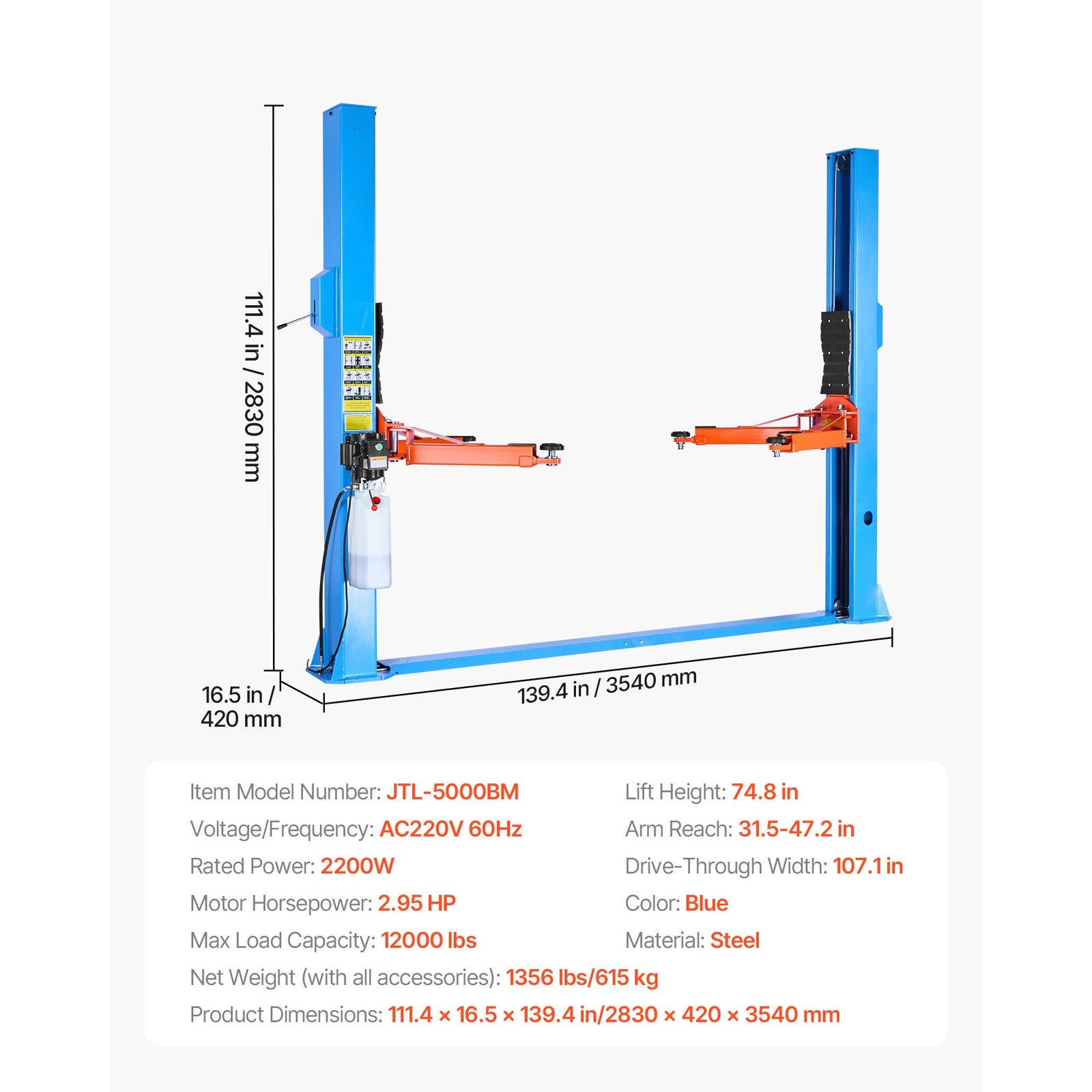 Uimoso 12000 Lbs 2 Post Lift Single Lock Release Garage Shop Auto Lifter 2.95HP