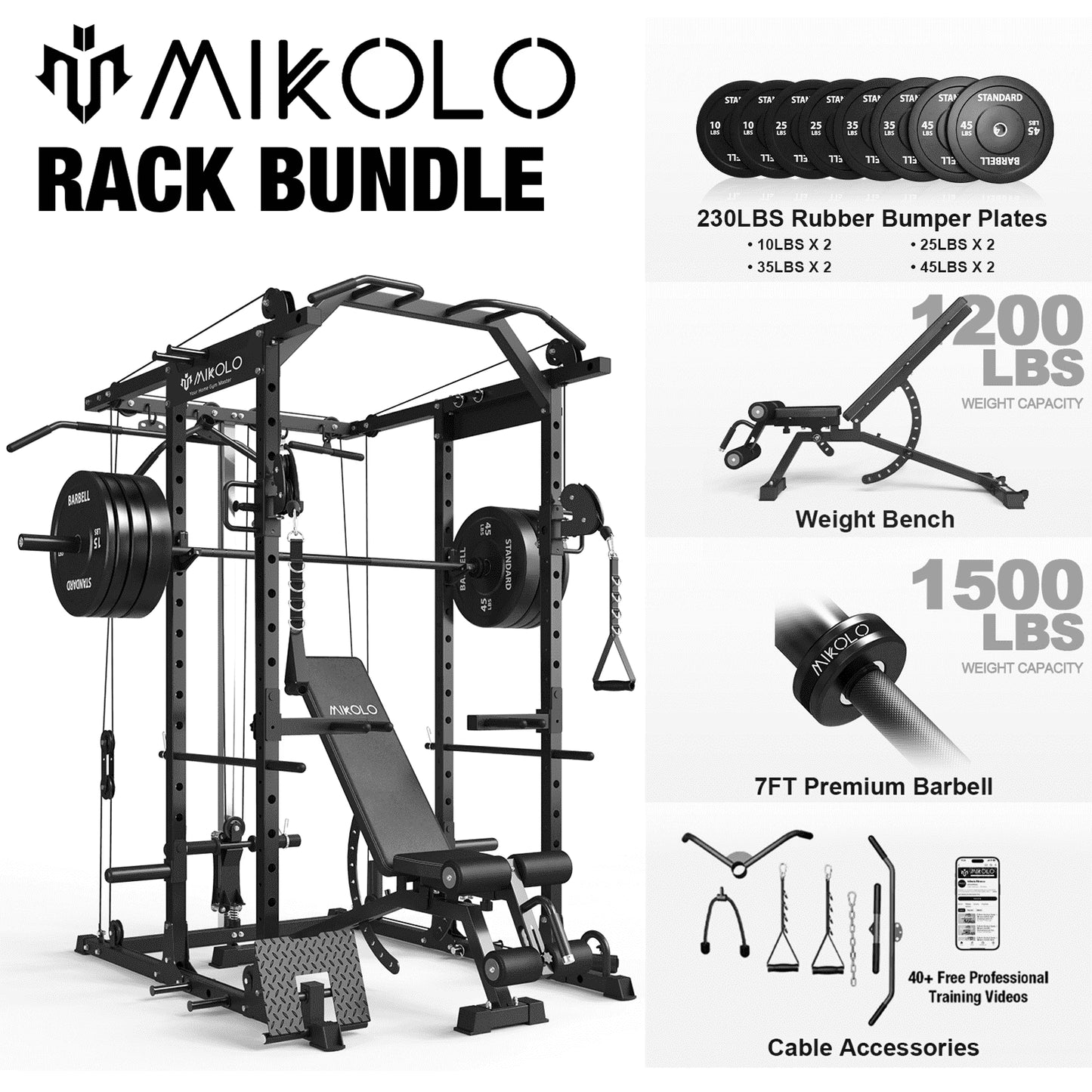 Power Rack Cage, 1500LBS Weight Cage with 800LB Capacity Adjustable Weight Bench, 1500LB Capacity Barbell and 230LB Weight Plate Set