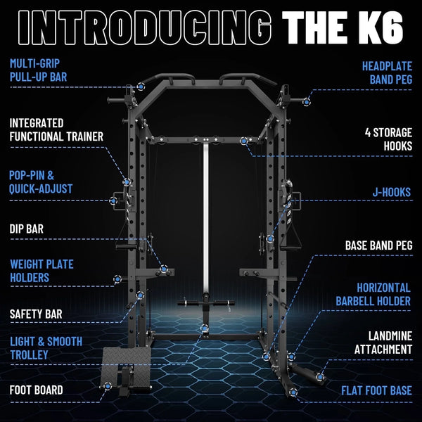 Power Cage, Squat Rack with Dual Pulley Cable Crossover System, Multifunction Free Weight Home Gym Workout Machine with Attachments Black
