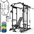 Power Rack Cage, 1500LBS Weight Cage with 800LB Capacity Adjustable Weight Bench, 1500LB Capacity Barbell and 230LB Weight Plate Set Black