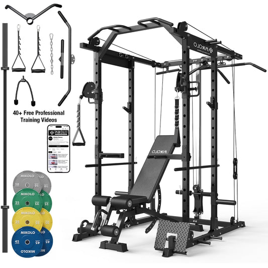Power Rack Cage, 1500LBS Weight Cage with 800LB Capacity Adjustable Weight Bench, 1500LB Capacity Barbell and 230LB Weight Plate Set Black