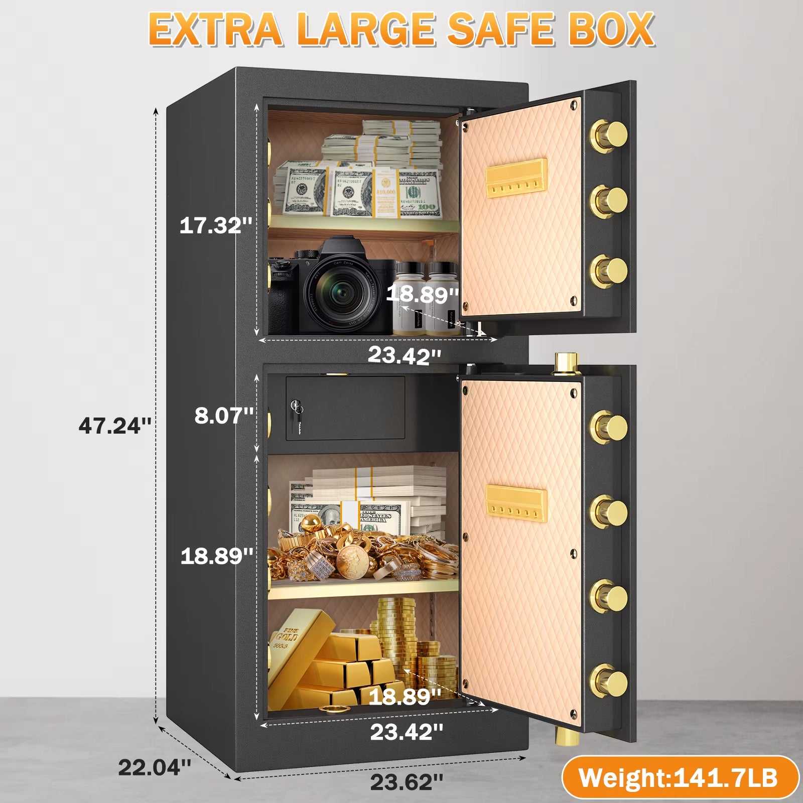 47.24'' Extra Large Safe Box, 13.8 Cubic Feet Heavy Duty Big Safe with Security Double Key Lock & Seperate Lock Box for Document