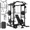 Power Cage, Squat Rack with Dual Pulley Cable Crossover System, Multifunction Free Weight Home Gym Workout Machine with Attachments Black
