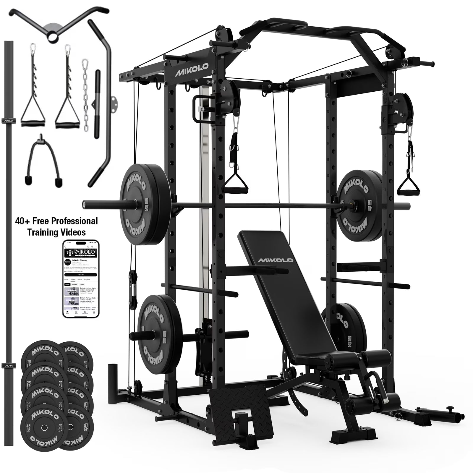 Power Cage, Squat Rack with Dual Pulley Cable Crossover System, Multifunction Free Weight Home Gym Workout Machine with Attachments Black
