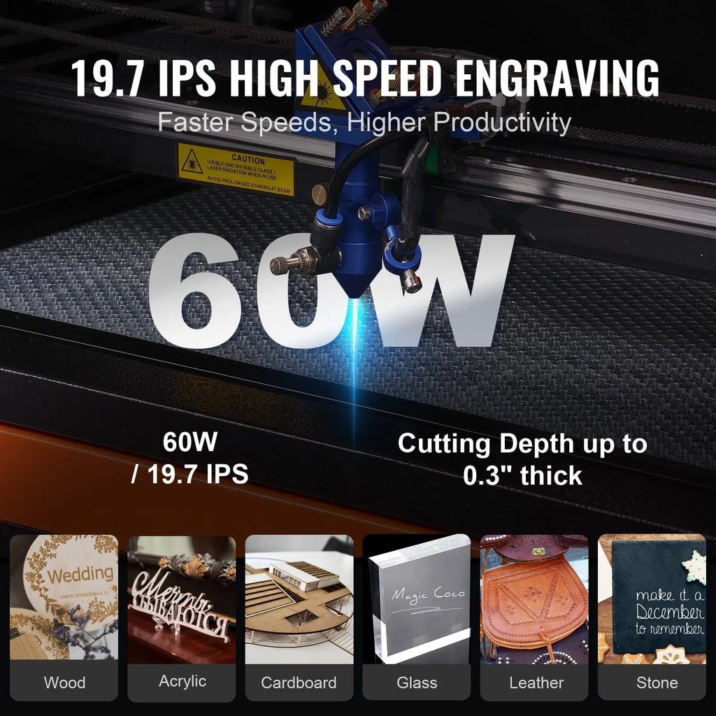 60W CO2 Laser Engraver Cutter 16" X 24" Engraving Cutting Machine 19.7 IPS